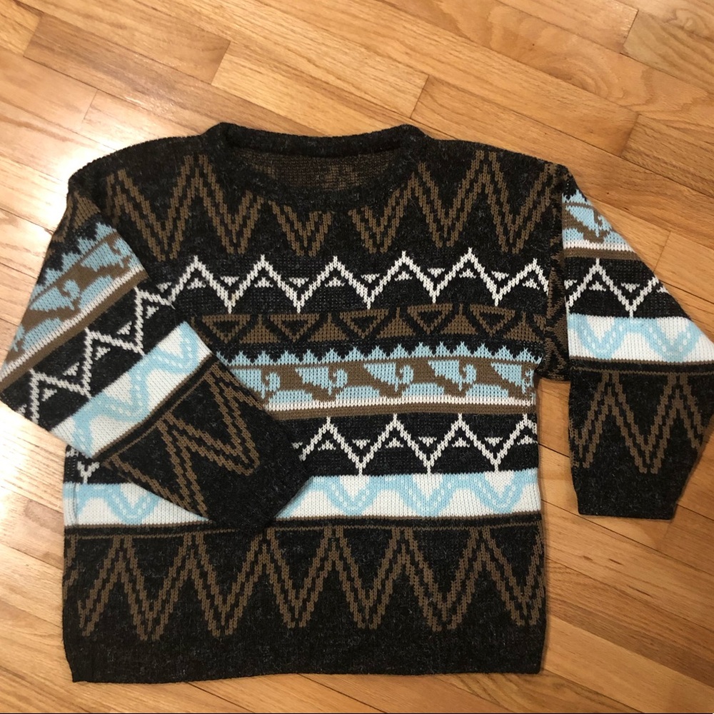 Vintage 80’s Grandpa Geometric Tribal Sweater Crewneck Shoulder pads Size Large